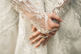 A close up of a person wearing a wedding dress